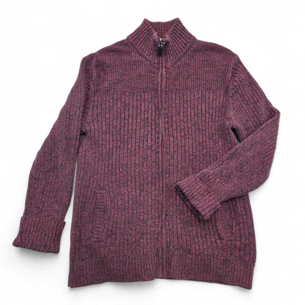 Giordano Maroon Ribbed Knit Zip-Up Cardigan Sweater Jacket XL Cotton Blend Retro